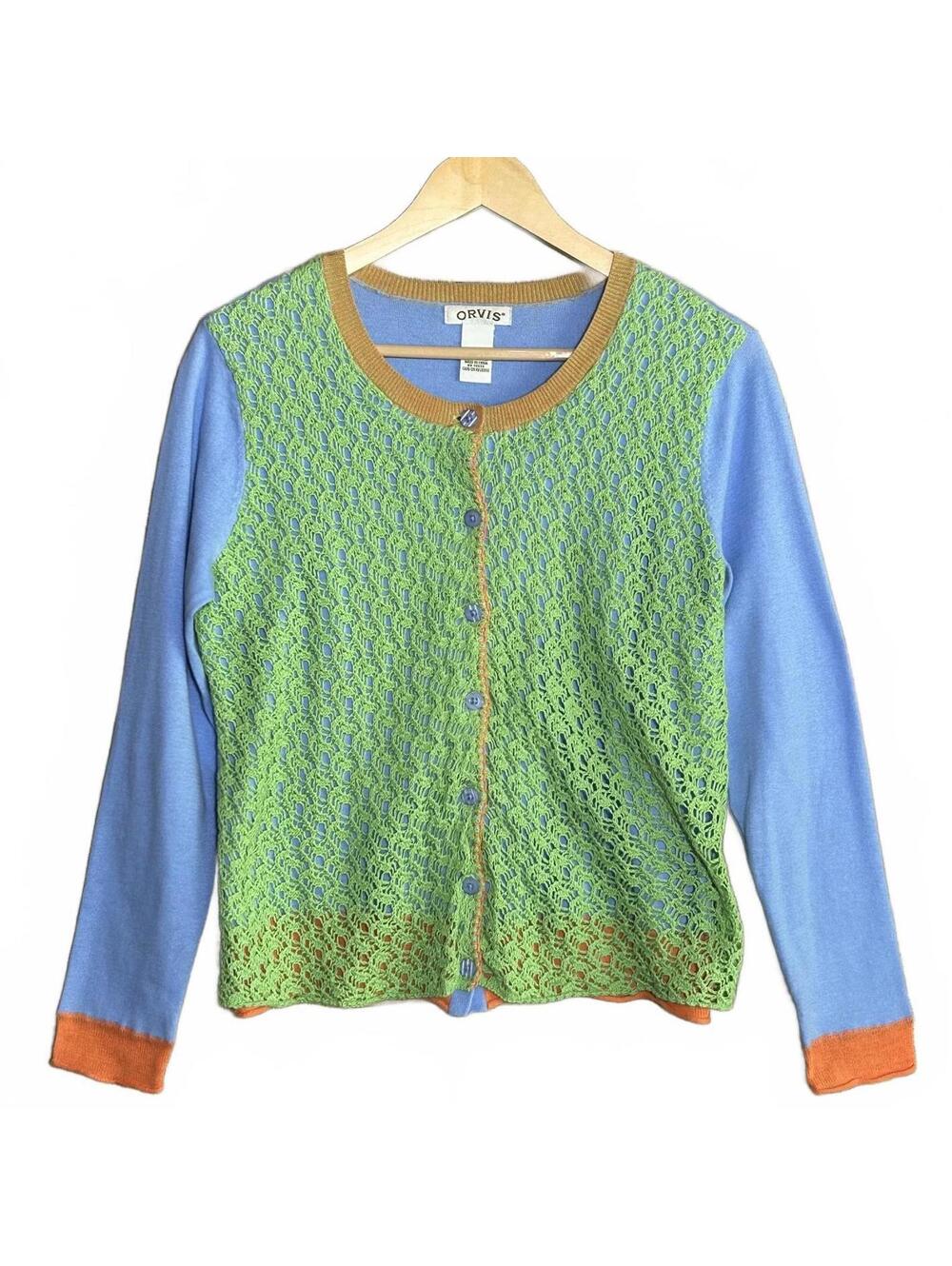 Orvis Women’s XS Blue Green Crochet Button Front Cardigan Knit Sweater Coastal